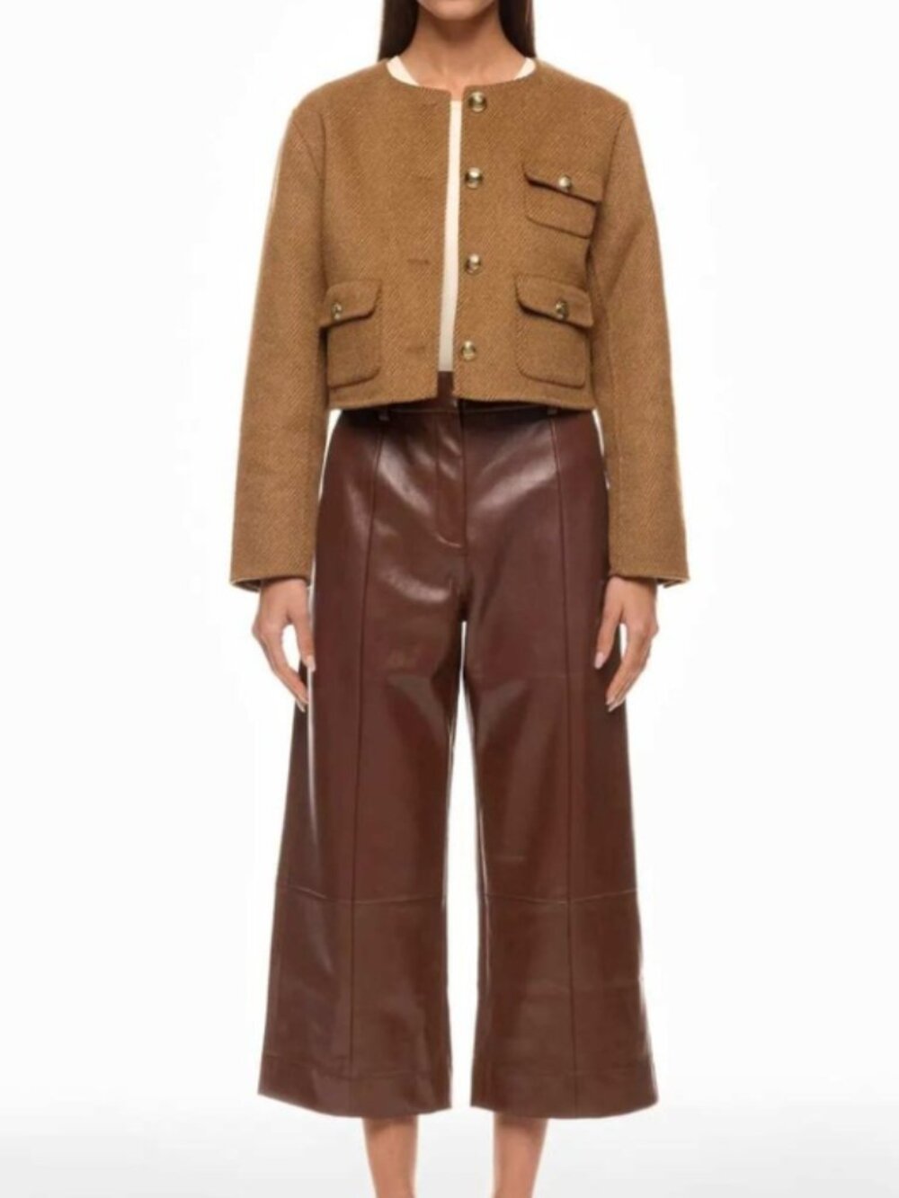 Jason Wu Brown Faux Leather Wide Leg Cropped Culotte Pants - Size 10